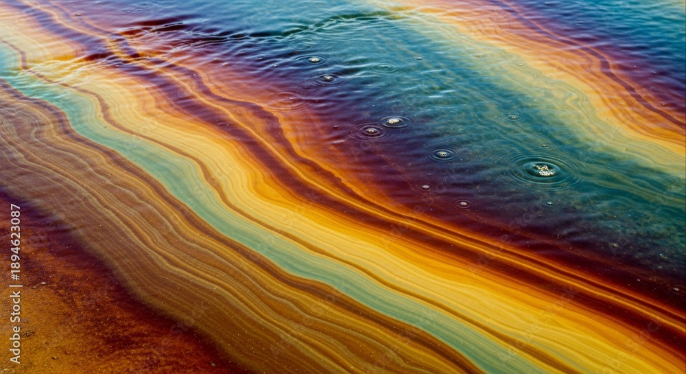 Fototapeta premium Captivating iridescent oil slick patterns swirling on water, depicting an abstract environmental concern and fluid artistry
