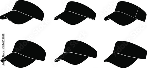 Visor cap silhouettes, vector illustration, black sport headwear icons, summer fashion accessory, casual visor hat design, trendy cap collection, isolated