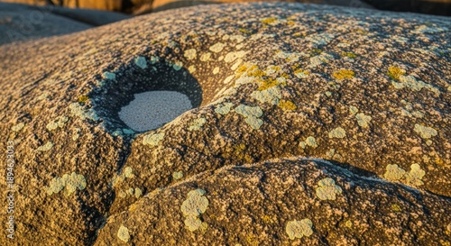 Close up of a rock with a natural hollow filled with water, illuminated by sunlight