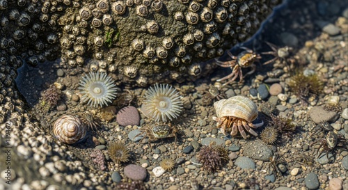 Close-up of a bustling tide pool ecosystem on a rocky coast, featuring diverse marine life sea anemones, barnacles, and small crabs