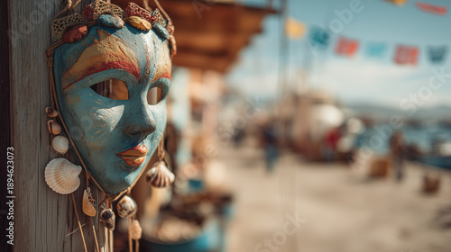 Vibrant mask hangs at Gran Carnaval Ensenada in Baja California, Mexico, showcasing festive decorations and lively atmosphere by sea.