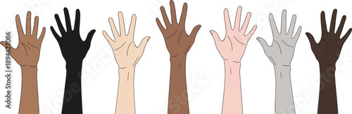 Diverse human hands raised together representing multicultural unity equality cooperation community support and social justice in a clean vector illustration style