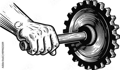 Hand gripping a wrench turning a mechanical gear wheel vintage black and white drawing