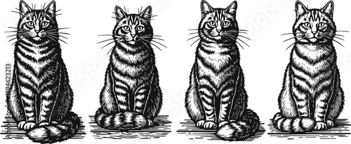 four detailed black and white tabby cat illustrations seated in a row, vintage ink drawing