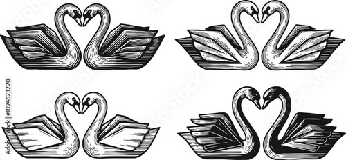four elegant swans in black and white line art, heart shaped neck poses, romantic love symbol set
