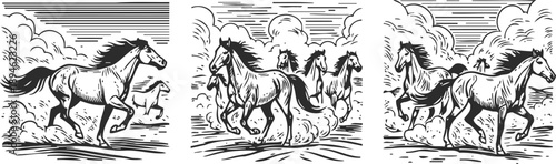 wild horses running freely across the open landscape with dynamic motion and spirited energy