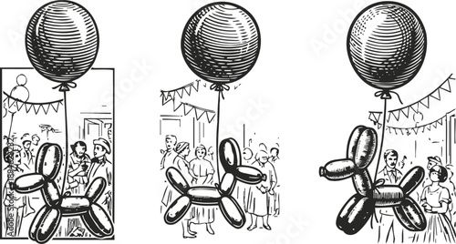 Vintage balloon dog illustration with crowd classic party balloon animal art and festive celebration scene