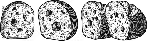 Traditional sausage sliced into pieces with visible spices and texture, black and white illustration