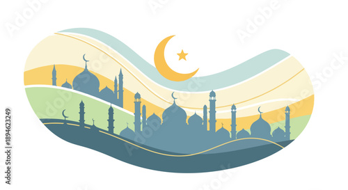 Illustration of a mosque silhouette against a stylized moon and sky with abstract waves in a pastel color palette.