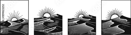 Sunrise over dunes with textured sand and hills in black and white stylized landscape illustrations