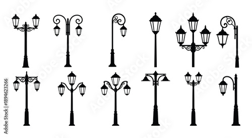 A collection of ornate street lamps in various designs presented as a black silhouette on transparent background high quality professional detailed