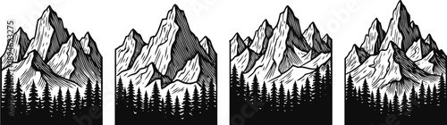 four black and white mountain landscapes with pine tree silhouettes and detailed rugged peaks