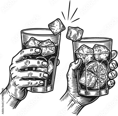 Two hands toasting glasses with ice cubes and citrus slices, refreshing summer drink celebration