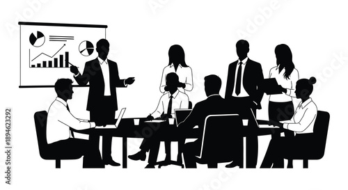 A business meeting scene featuring a presenter and attendees depicted in a striking black silhouette on transparent background high quality professional