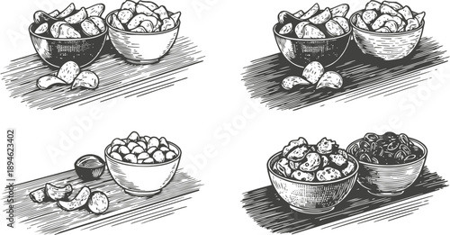 hand drawn nut assortment bowls cashews, almonds, walnuts, pistachios, healthy snack mix illustration