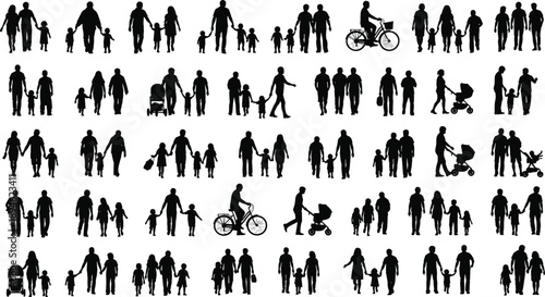 Family silhouette icons, diverse relationships, parenting activities, walking, cycling, stroller, black vector design, caregiving, connection, everyday moments, unity