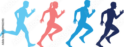 Four colorful silhouettes of diverse men and women running and jogging in a side view representing fitness health and active lifestyle