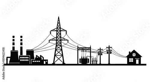 A striking black silhouette of an industrial power plant and cityscape perfect for design projects on transparent background high quality professional