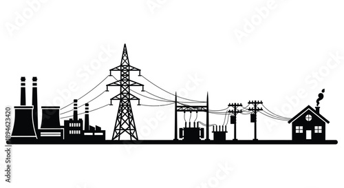A black silhouette of an industrial power plant complex with smokestacks and transmission towers on transparent background high quality professional detailed
