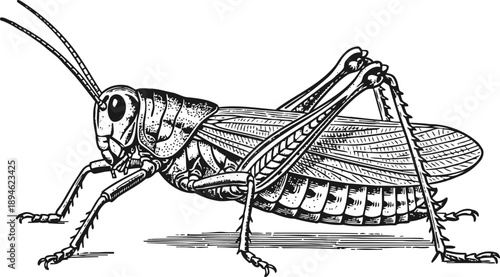Detailed black and white illustration of a grasshopper with intricate body and wing patterns