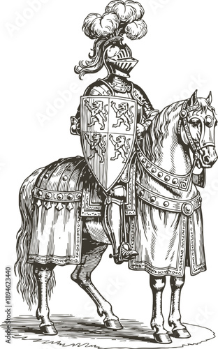 Medieval knight in armor on horse with plume and heraldic shield, vintage engraved drawing