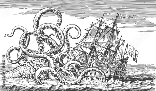 Gigantic sea octopus attacking an old wooden sailing ship in turbulent ocean waves
