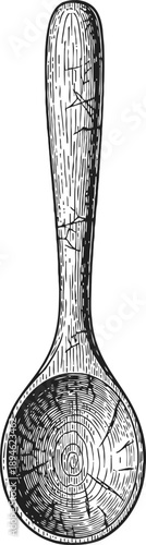 Rustic wooden spoon with cracks and grain texture, vintage kitchen utensil illustration
