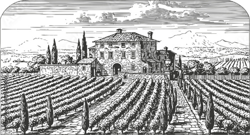 Tuscan vineyard estate with traditional farmhouse and cypress trees under cloudy sky