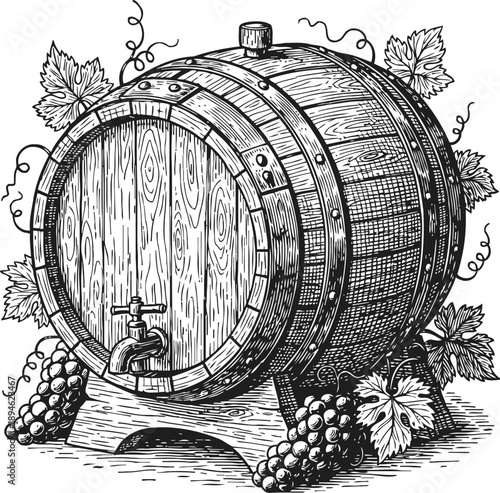 Vintage wooden wine barrel with grape clusters and vine leaves detailed ink drawing