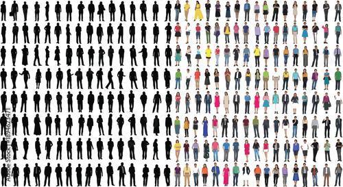 Grid of human figures, black and color icons, diversity, representation, identity, comparison, data visualization, vector design, demographic illustration