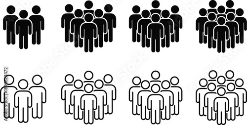 Group icons in black and outline, representing people, community, population, team size, growth, demographics, vector symbols, scalable design