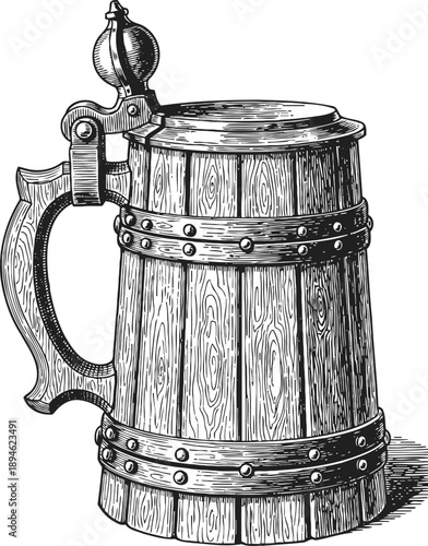 Vintage wooden beer mug with metal bands and hinged lid, detailed rustic craftsmanship illustration