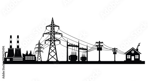A striking black silhouette of an industrial power plant landscape with transmission towers on transparent background high quality professional detailed modern