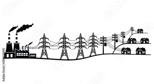 A black silhouette of an industrial landscape with power lines factories and houses on transparent background high quality professional detailed modern