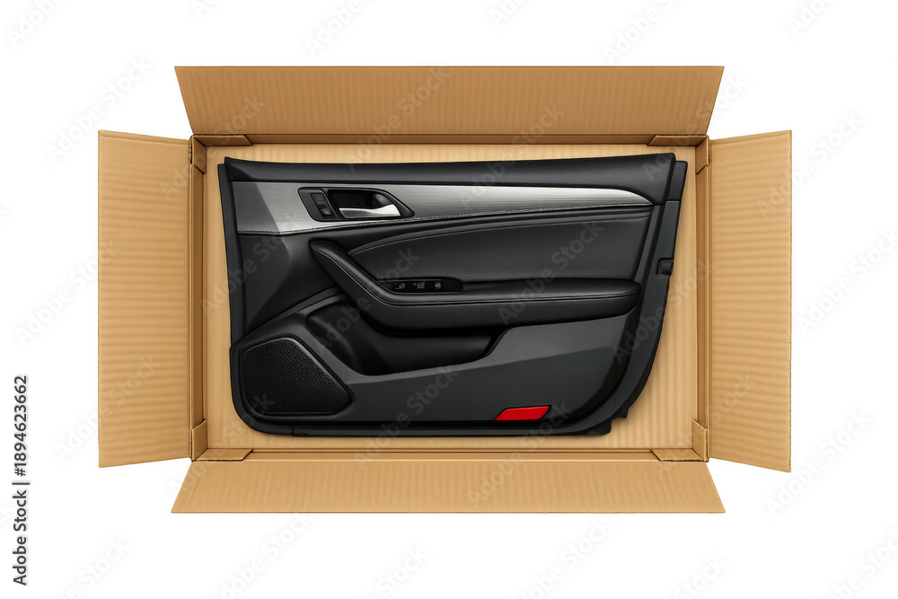 Fototapeta premium New car door panel in cardboard box delivery