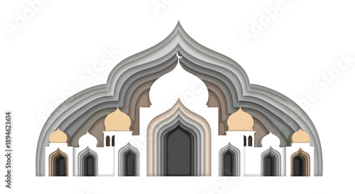 Illustration of a mosque's facade with arches and domes in shades of gray, beige, and white against a plain white background.