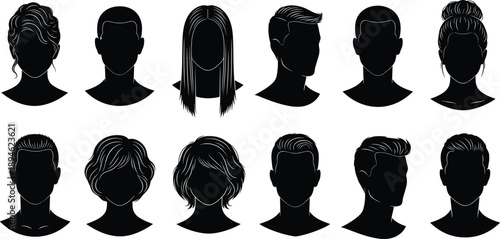 Hairstyle silhouette icons, black vector heads, diverse haircuts, gender-neutral design, fashion reference, character creation, minimal style, profile illustration