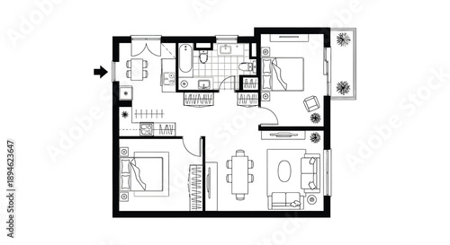 Detailed black and white floor plan of a modern apartment layout with rooms and furniture on transparent background silhouette high quality