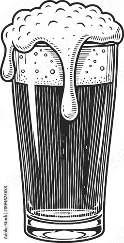 Glass of beer with frothy foam top, detailed black and white hand drawn illustration
