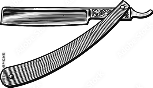 Classic straight razor with detailed handle engraving, vintage barber tool illustration in black and white