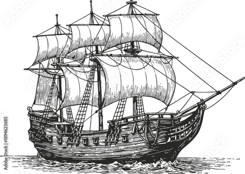 Vintage sailing ship with large billowing sails floating on water, detailed hand drawn illustration