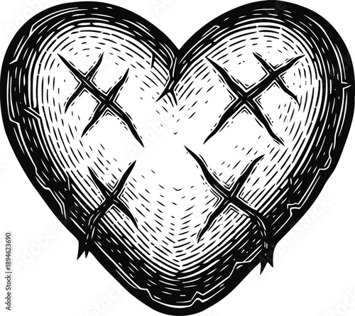 Heart with stitched crosses design vintage love symbol with textured shading and decorative stitching