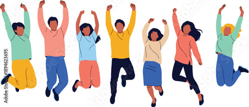 Jumping people illustration, colorful clothing, raised hands, celebration, joy, teamwork, unity, success, energy, happiness, vector design, white background