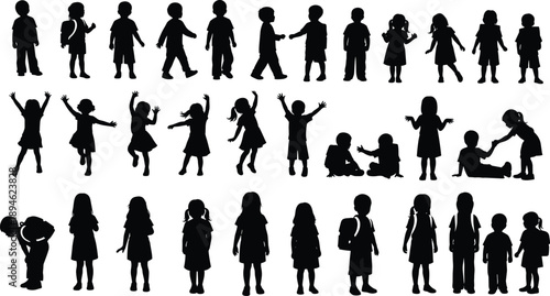 Large collection of school children silhouettes featuring boys and girls with backpacks playing jumping standing and walking for educational design projects