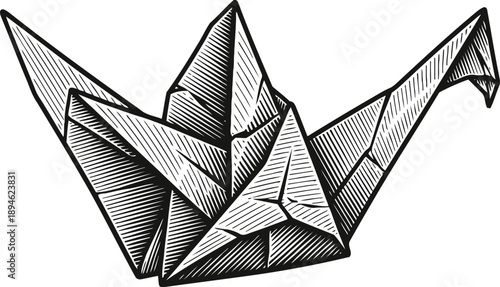 Origami crane illustration hand drawn paper bird with detailed line art and shading