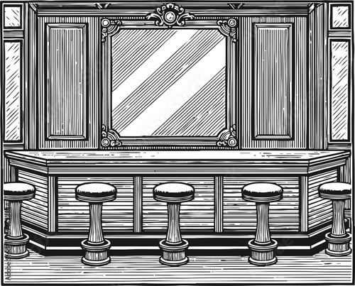 Vintage bar counter with stools and decorative framed mirror classic wooden pub interior sketch