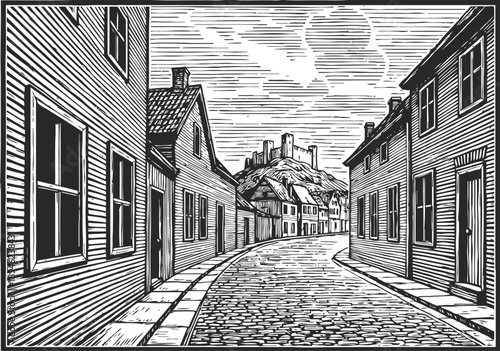 Historic village street with cobblestone road and old houses leading to castle on hill in black and white