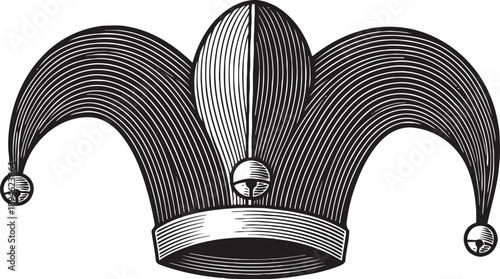 Vintage jester hat with curved points and bells retro carnival costume accessory, medieval fool headwear illustration