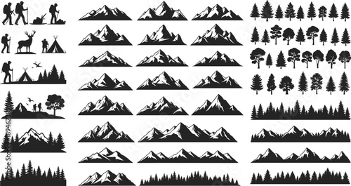 Large collection of mountain silhouettes, forest trees, and hiking adventurers with camping tents for outdoor nature exploration and wilderness landscape design