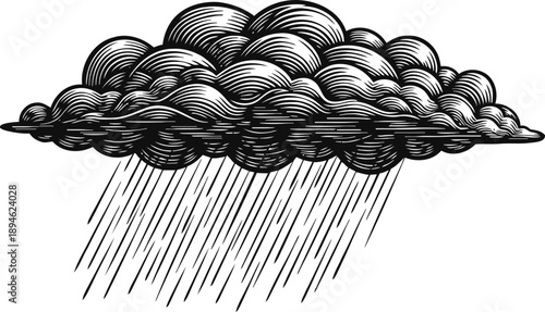 Hand drawn rain cloud with heavy rain drops in vintage black and white engraving illustration